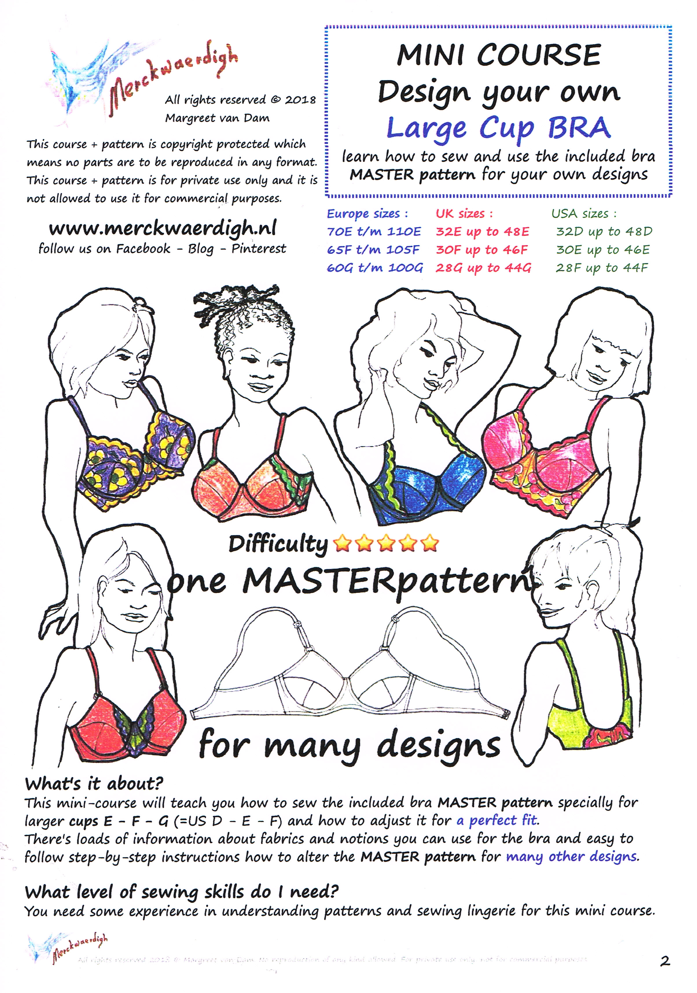 Bra PATTERN with Sewing TUTORIAL. 38 40 A B C D E cup multi size step by  step instructions